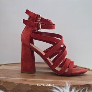 Bleecker & Bond Wmns Red Suede Strappy Size 8 Block Heel Sandals Ankle Strap‎
